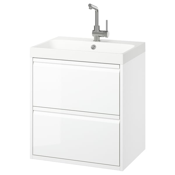 ÄNGSJÖN / BACKSJÖN Wash-stnd w drawers/wash-basin/tap, high-gloss white, 60x48x69 cm