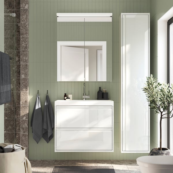ÄNGSJÖN / BACKSJÖN Wash-stnd w drawers/wash-basin/tap, high-gloss white, 80x48x69 cm