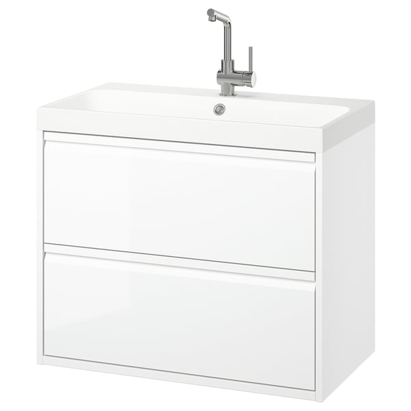ÄNGSJÖN / BACKSJÖN Wash-stnd w drawers/wash-basin/tap, high-gloss white, 80x48x69 cm