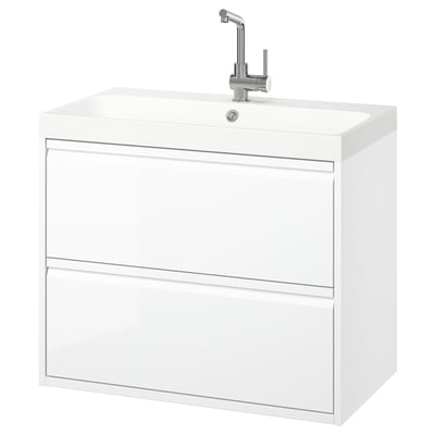 ÄNGSJÖN / BACKSJÖN Wash-stnd w drawers/wash-basin/tap, high-gloss white, 80x48x69 cm