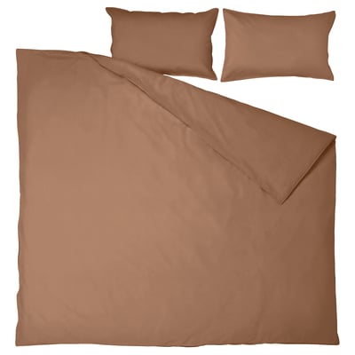 An ÄNGSLILJA bedding set featuring a brown duvet cover and pillowcases made of soft, natural, pre-washed cotton.