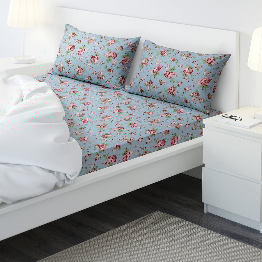 ÄRTCYPRESS flat sheet and 2 pillowcase, turquoise, 240x260/50x80 cm