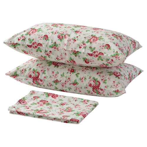 Floral bed linens set: 2 pillows, 1 flat sheet. Pink roses, green leaves on white. 100% cotton.