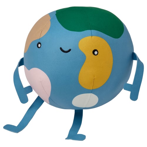 Cute earth toy, blue, with arms & legs, smiling face, soft recycled materials.