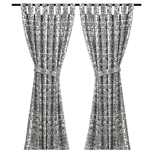 ÅKERKULLA Curtains with tie-backs, 1 pair, grey/white/with tab top, 145x150 cm