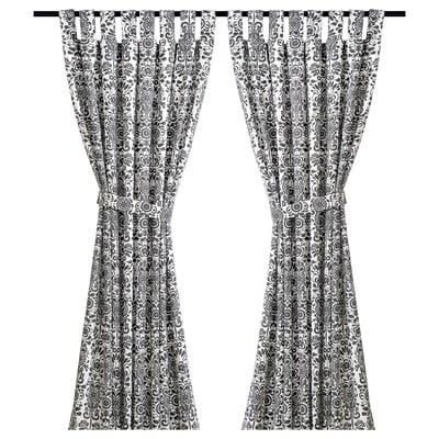 ÅKERKULLA Curtains with tie-backs, 1 pair, grey/white/with tab top, 145x150 cm