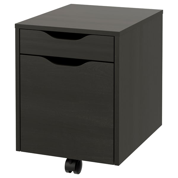 Depicts a black ALEX filing cabinet with two drawers on wheels. It has a sleek, modern design ideal for office use.