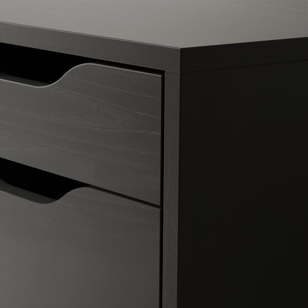 Black wooden dresser with two drawers, matte finish, smooth edges, and visible grain texture.