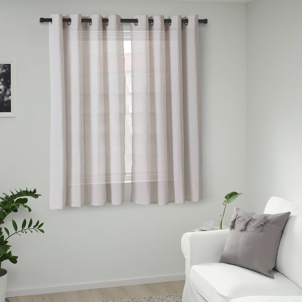 ALRIKKE Curtains, 1 pair, white/orange/with eyelets, 145x150 cm
