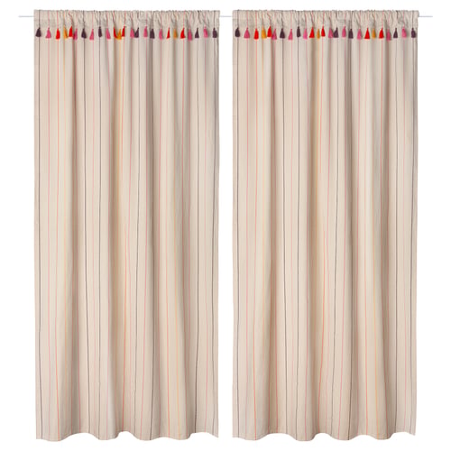 Two beige striped curtains with colourful tassels at the top, made of 100% cotton, hanging on a white rod.