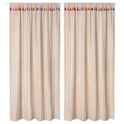 Two beige striped curtains with colourful tassels at the top, made of 100% cotton, hanging on a white rod.
