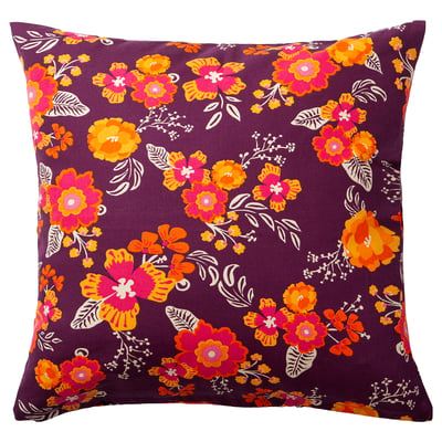 Colourful floral pillow: bright pink, orange and yellow flowers on dark purple cotton. Square shape with intricate leaf details.