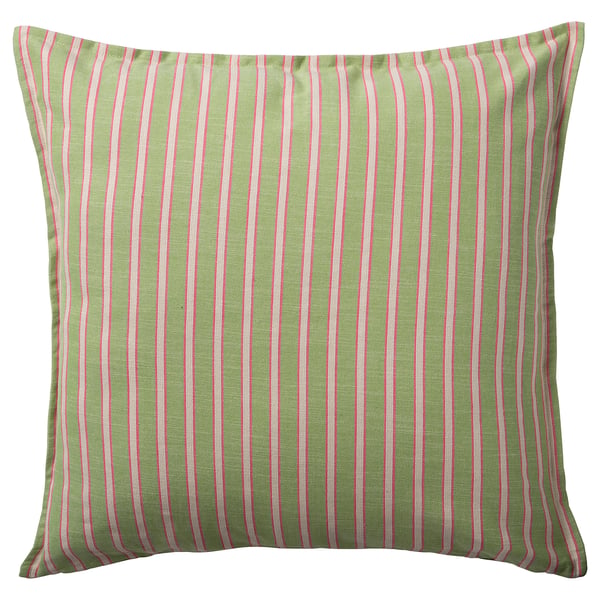 A square, green striped pillow with pink and white stripes, made of cotton.