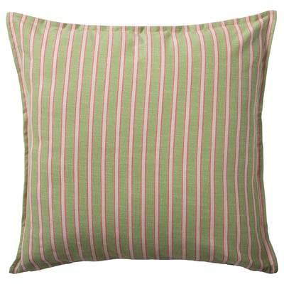 A square, green striped pillow with pink and white stripes, made of cotton.