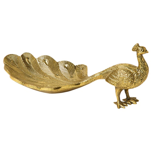 Golden peacock-shaped decorative bowl with detailed feathers and textured body.
