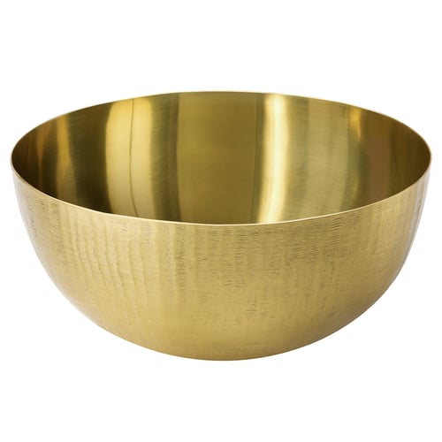 Golden metallic AROMATISK bowl, round, shiny inside & textured outside.