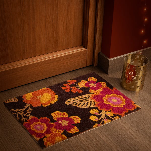 AROMATISK mat, brown, rectangular, floral pattern, fits under door.