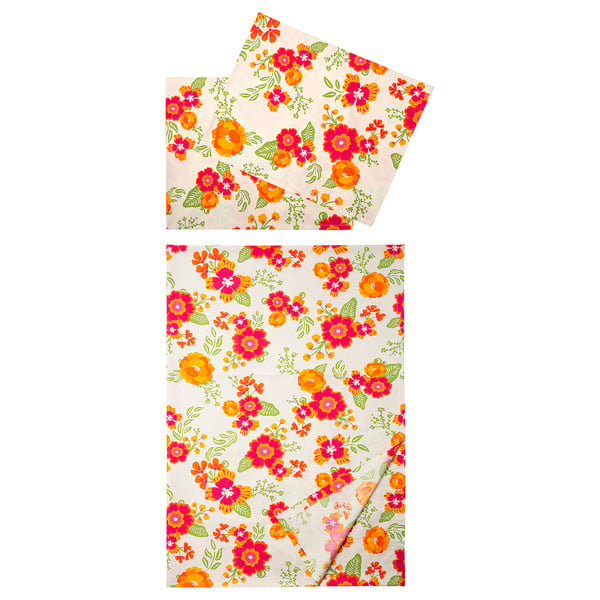 Bright floral print towel. White with red, orange, and green flowers. Rectangular shape. Made from 85% cotton and 15% lyocell.