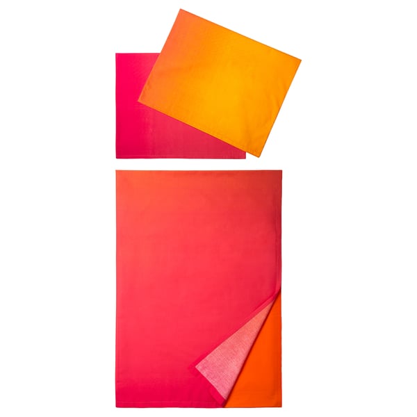 Two vibrant kitchen towels, orange and magenta, rectangular with folded edges, made of 85% cotton, 15% lyocell.