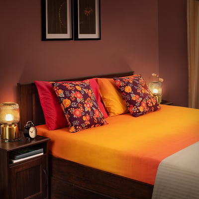 AROMATISK bedding: bright orange, cotton-lyocell, florals, comfy, large bed.