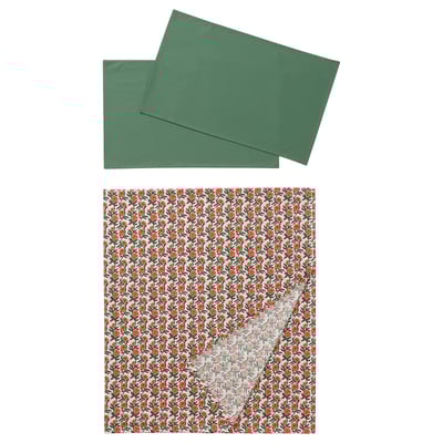 Green AROMATISK bedding: flat sheet, red-floral pillowcases, cotton.