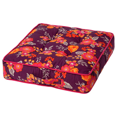 Aromatik purple floral floor cushion, square, padded, colourful flowers.