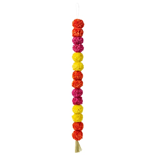 Decorative hanging garland named AROMATISK with colourful pom-poms, in red, yellow, and pink, made from paper and cotton, featuring tassel at bottom.