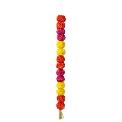 Decorative hanging garland named AROMATISK with colourful pom-poms, in red, yellow, and pink, made from paper and cotton, featuring tassel at bottom.