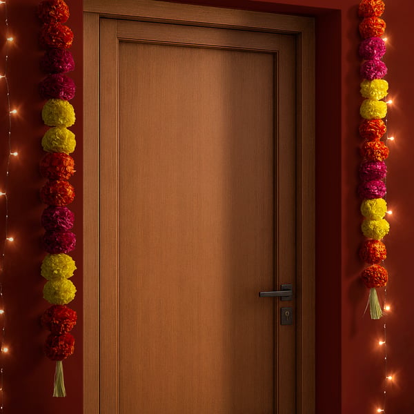 Vibrant paper flower garlands framing a wooden door, enhancing festive decor with warm lights.