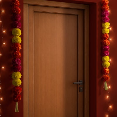 Vibrant paper flower garlands framing a wooden door, enhancing festive decor with warm lights.