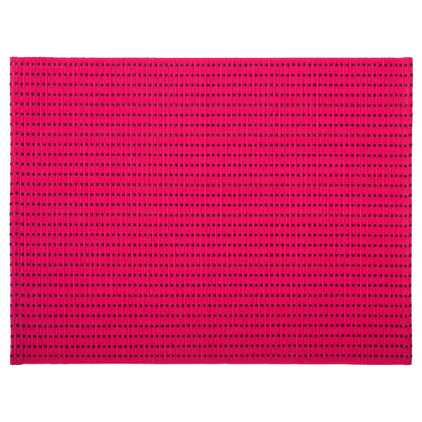 Bright pink rectangular cotton bath mat with black square patterns.