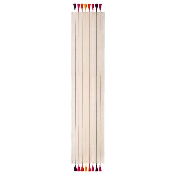 Aromatik table runner, cream with multicolor stripes and tassels at both ends.