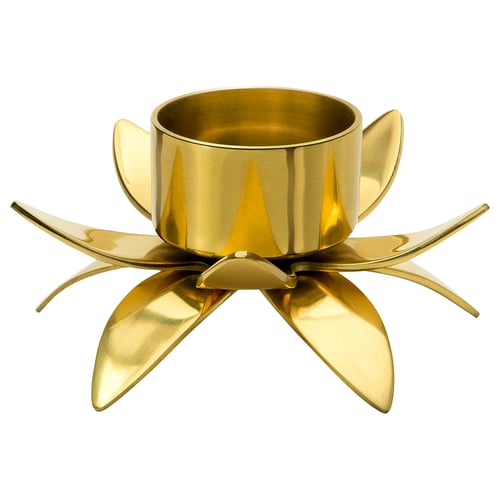 Golden AROMATISK tealight holder, stylized flower, shiny aluminium, table ornament.