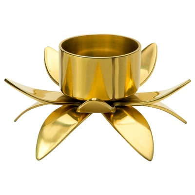 Golden AROMATISK tealight holder, stylized flower, shiny aluminium, table ornament.