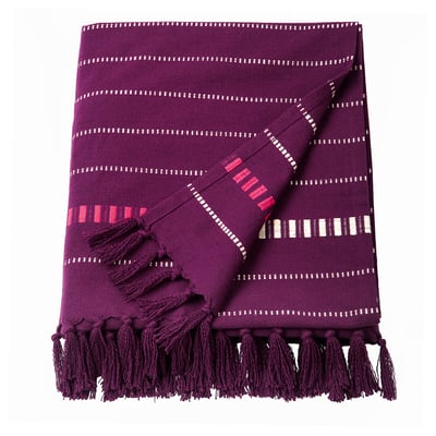 Purple woven cotton blanket with fringe and white accent lines.