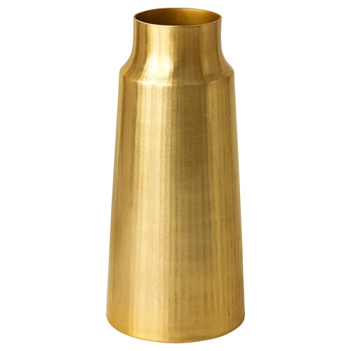 Gold-colored metal vase with smooth texture, tall and slim design, no additional decorations.