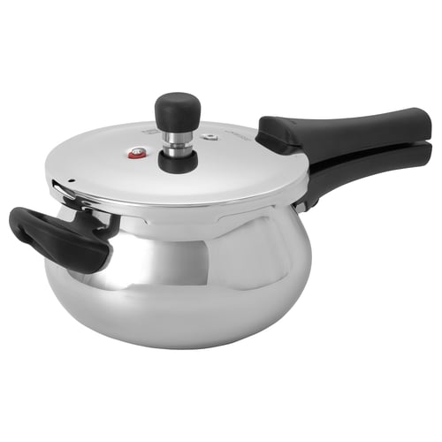 ARVFÄLTMAL silver pressure cooker, round with 2 black handles, easy grip lid, durable stainless steel, efficient design.