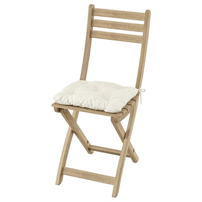 ASKHOLMEN Chair, outdoor, foldable acacia/Kuddarna light grey-beige
