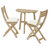ASKHOLMEN Table f wall+2 fold chairs, outdoor, acacia/Kuddarna light grey-beige, 70x44 cm