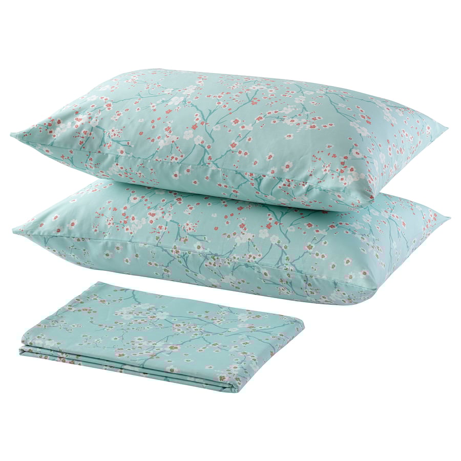 ASKLÖNN flat sheet and 2 pillowcase, Cherry blossom branch/green/white, 240x260x50x80 cm