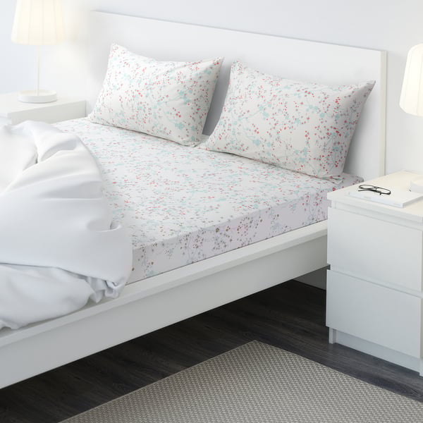 ASKLÖNN Flat sheet and 2 pillowcase, Cherry blossom branch/white/green, 240x260/50x80 cm