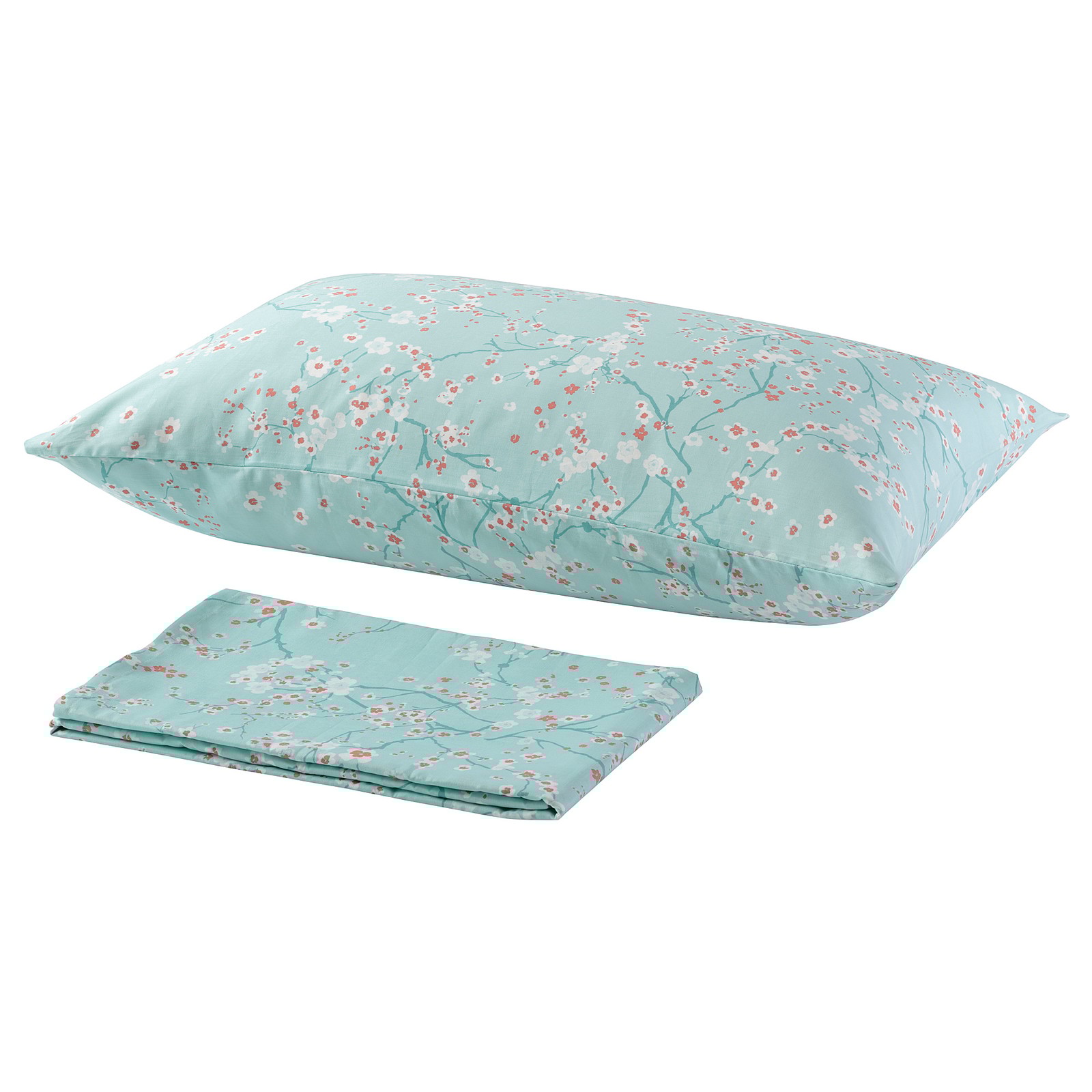 ASKLÖNN Flat sheet and pillowcase, Cherry blossom branch/green/white