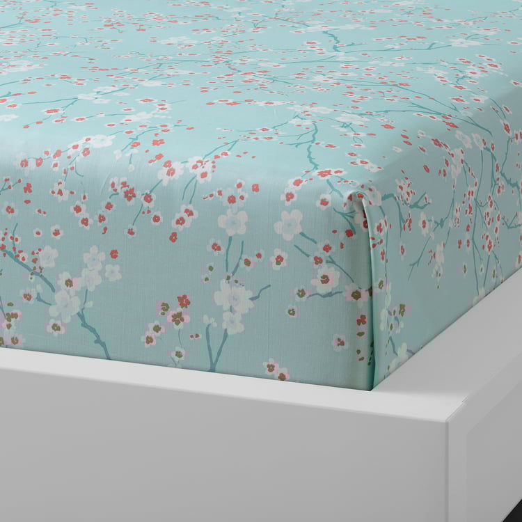 ASKLÖNN flat sheet and pillowcase, Cherry blossom branch/green/white, 150x260/50x80 cm (59x102