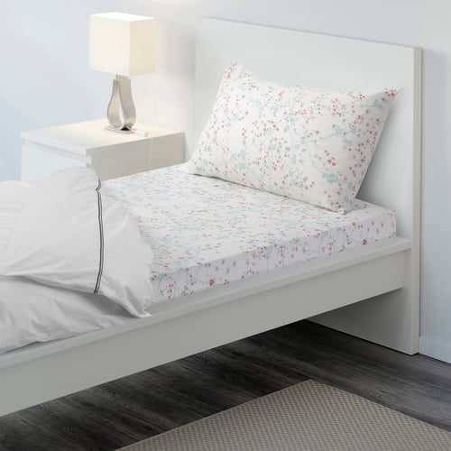 ASKLÖNN flat sheet and pillowcase, Cherry blossom branch/white/green, 150x260/50x80 cm (59x102