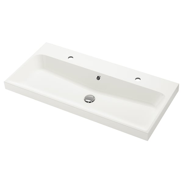 Backsjon white marble sink, rectangular, two tap holes.