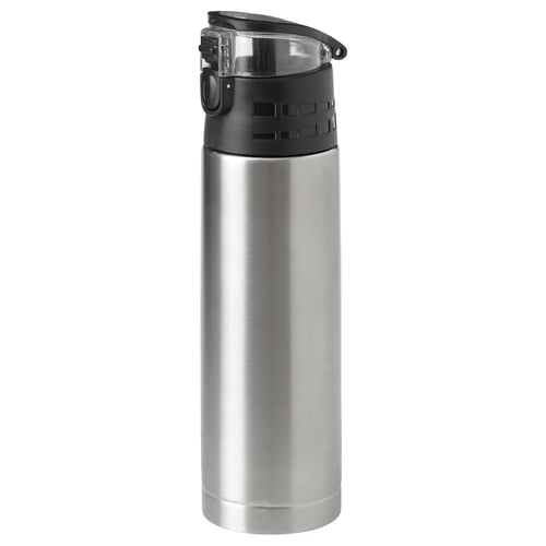 Stainless steel vacuum flask with black lid & flip spout.