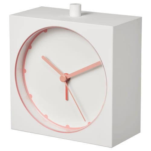 Modern white alarm clock with pink details, silent quartz movement.
