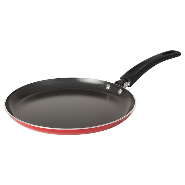 Red bakåvtolt pan, black handle, non-stick, circular shape, induction-friendly.