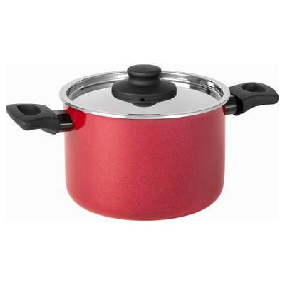 Red BAKÅTVOLT pot with black handles, glass lid, and non-stick coating. Round shape, suitable for all hobs.