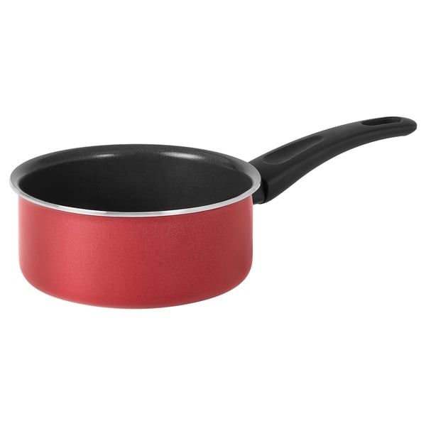 Red saucepan, black handle, non-stick interior, aluminium body, suitable for all hobs, energy-efficient.